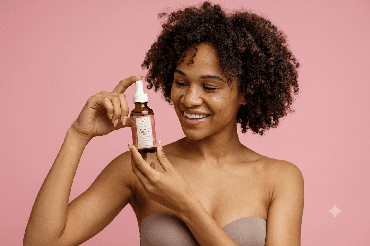 Woman holding Lavea Cyperus Rotundus Oil