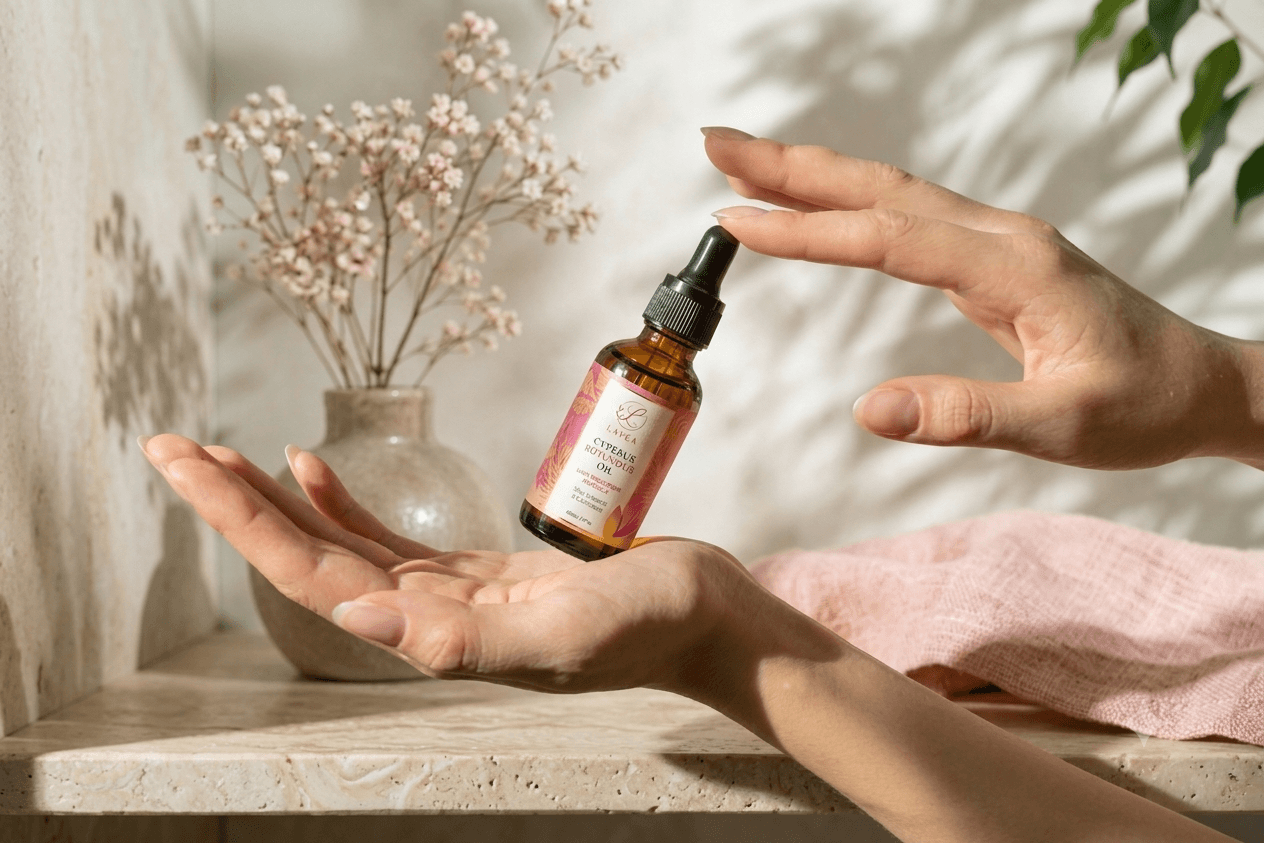 Hands applying Lavea Cyperus Rotundus Oil
