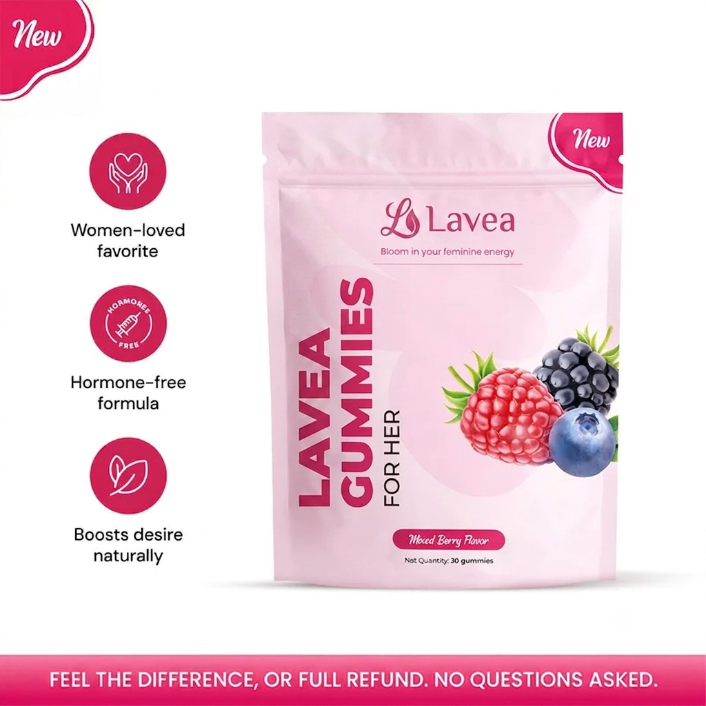 Lavea Gummies for Her mixed berry pouch with benefit icons
